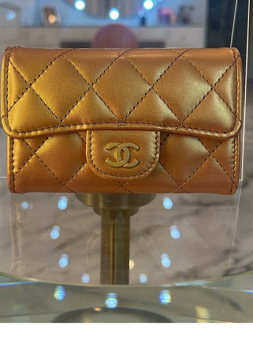 Chanel Gold Metallic Quilted Lambskin Flap Compact Wallet Card Holder NIB